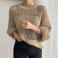 Elegant Retro Round Neck Exquisite Hollow-out Transparent Design Loose Sweater