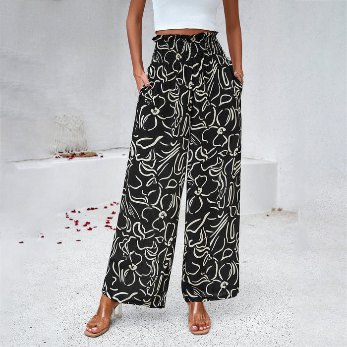 Elegant Printed Trousers Summer Loose Elastic High Waist Straight Pants For Beach Vacation Womens Clothing