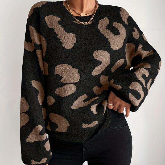 Leopard Print Off-shoulder Fluffy Knitted Round Neck Sweater