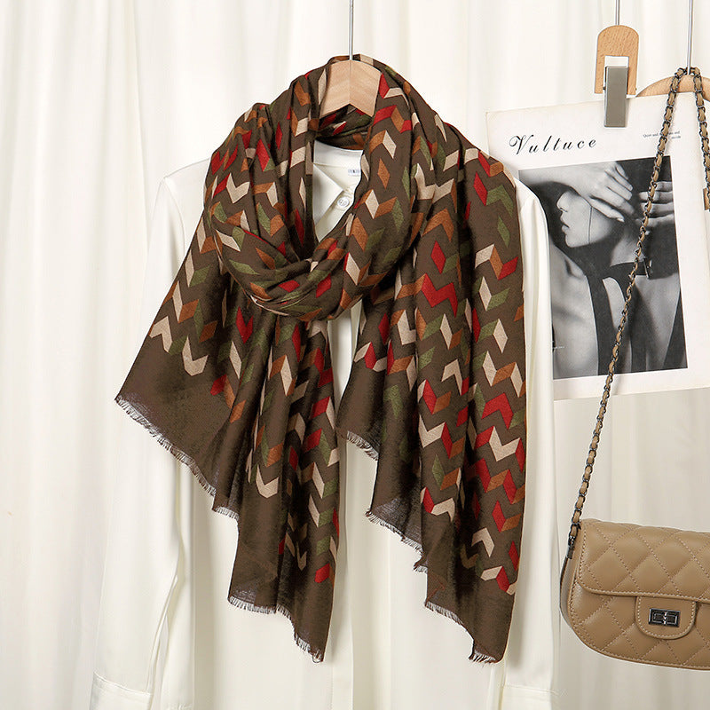 Diamond Patterns Printed Cotton And Linen Scarf Color Matching Scarf