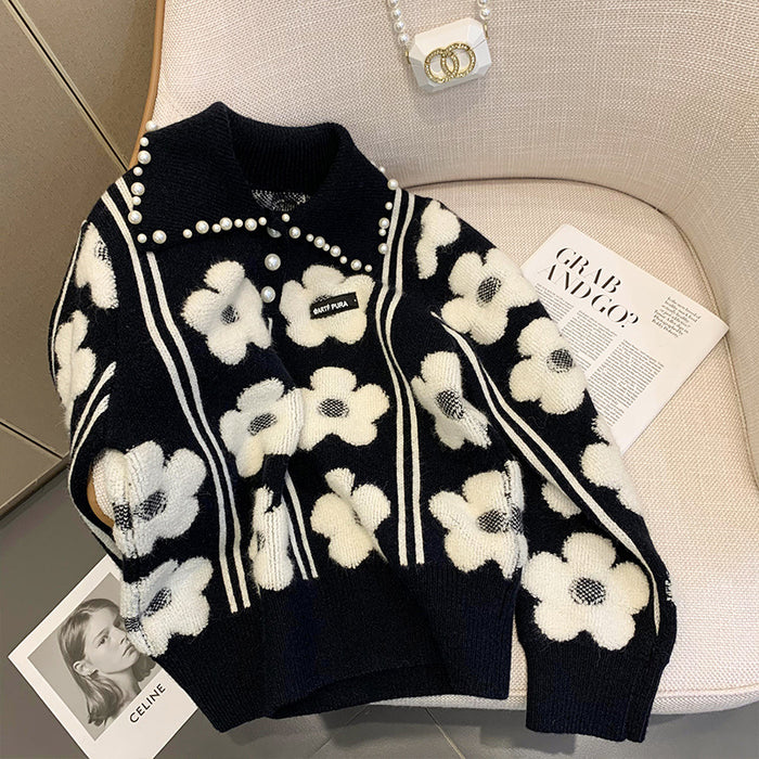 Women's Beaded Heavy Industry Lapel Flower Knitted Pullover Sweater