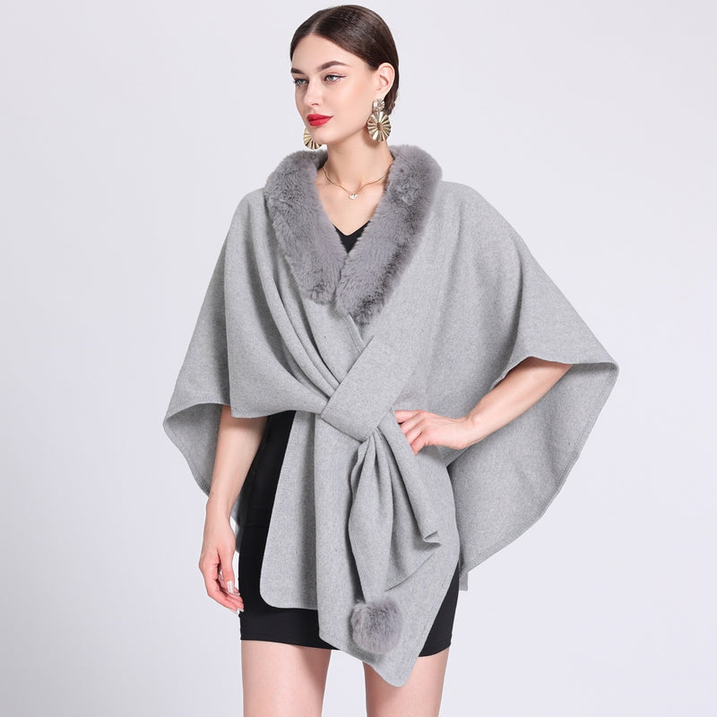 Imitation Rex Rabbit Fur Collar Cape And Shawl Female Loose Knitted Cardigan