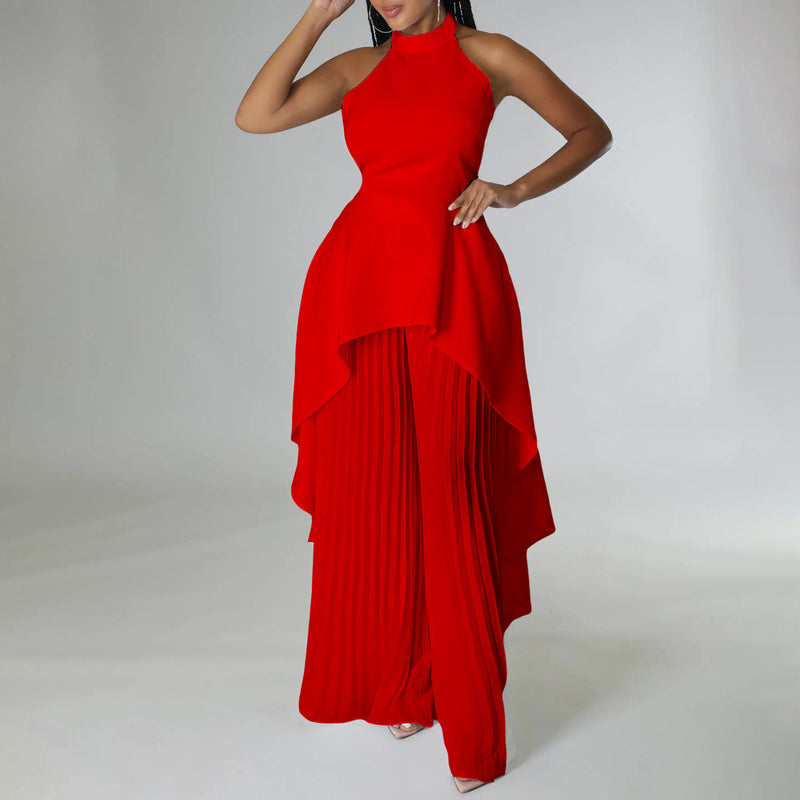 Fashion Casual Set Summer Socialite Private Wear Backless Top Pleated Wide-leg Trousers
