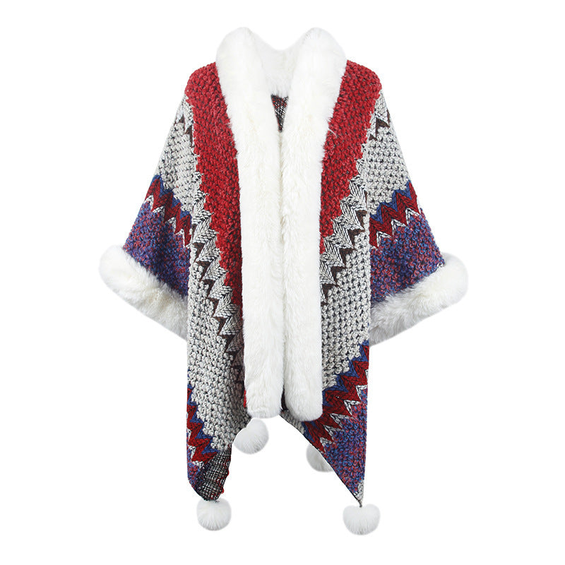 Women's Fur Collar Inverness Striped Ethnic Style