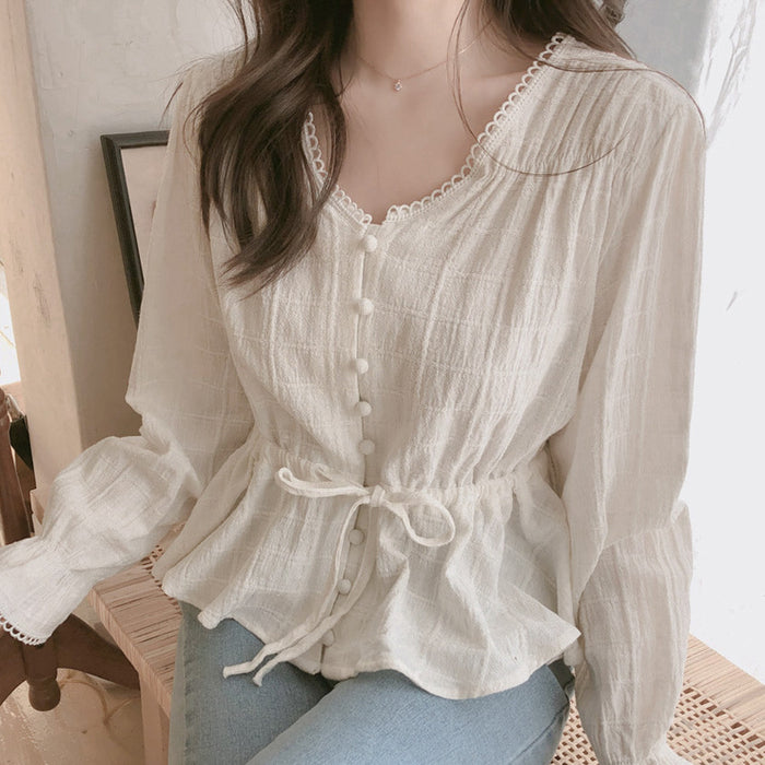 Loose And Sweet Solid Color Long-sleeved Waist Top