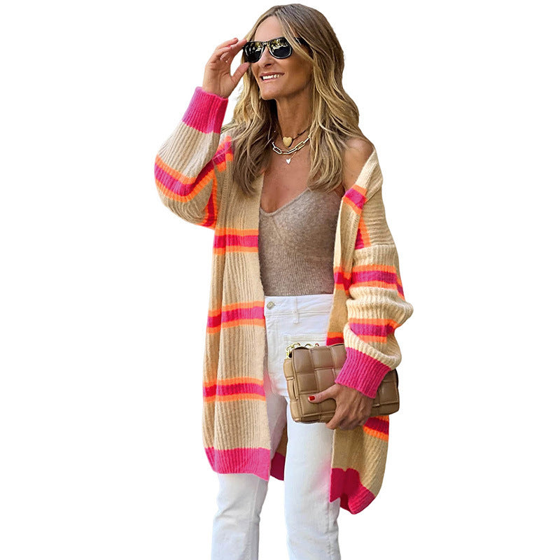 Striped Cardigan Sweater European And American Leisure Loose Knitted Coat