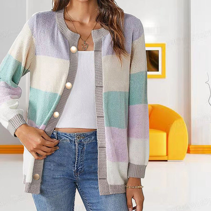 Women's Color Matching Temperament Crew Neck Loose Sweater Coat