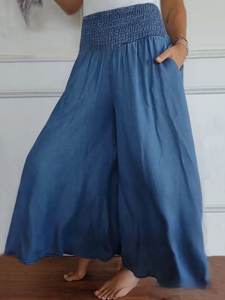 Casual High Waist Smocking Wide Leg With Pockets Denim Women's Pants