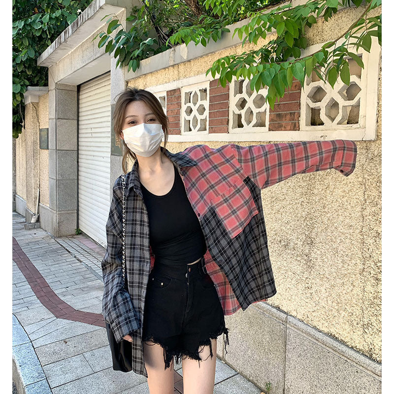 Women's Irregular Spliced Plaid Blouse