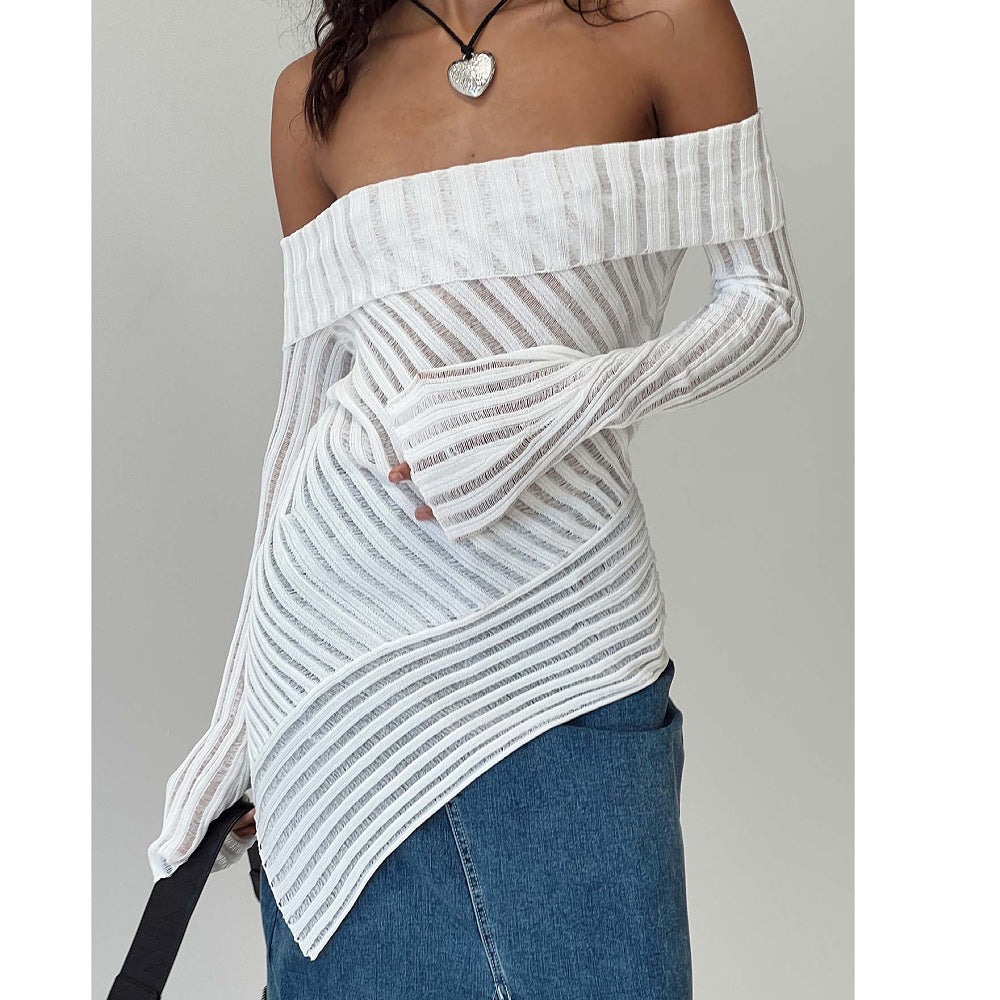 French Style Off-the-shoulder Long Sleeve Design Knitted Woolen Slim Top For Women