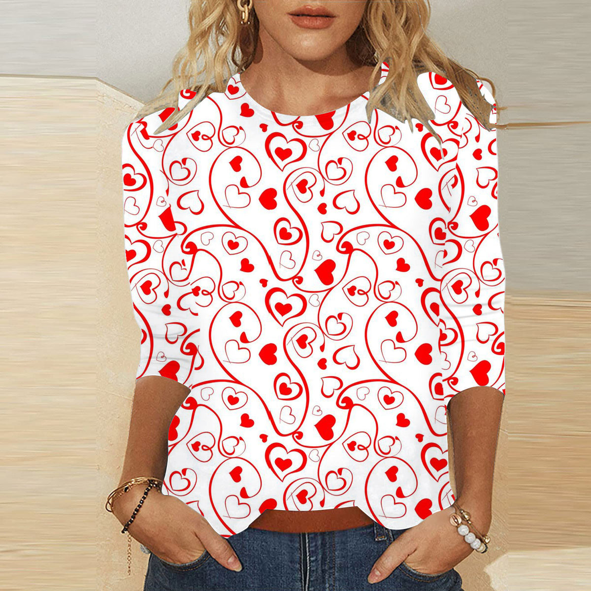 Valentine's Day Female With Hearts Printing Crew Neck T-shirt Top