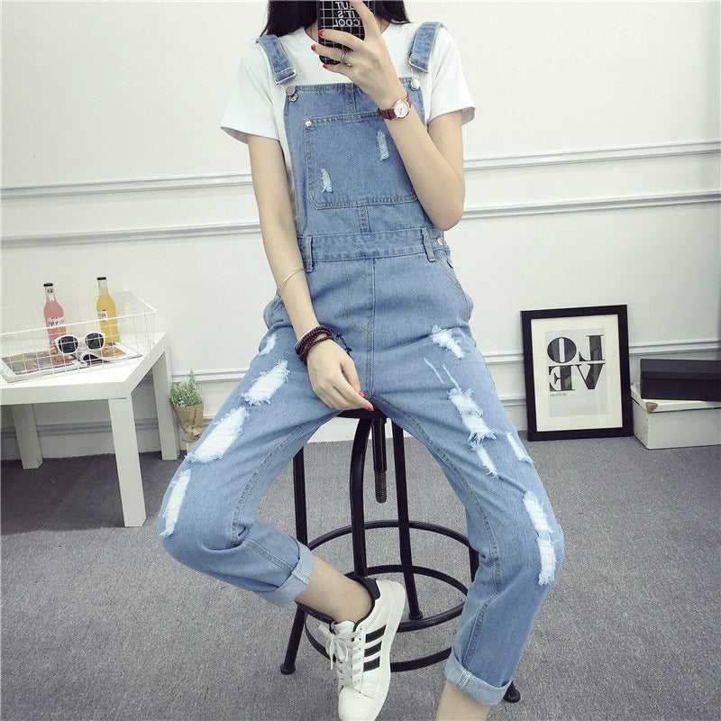 Spring And Autumn Casual Cool Ripped Denim Brace Trousers