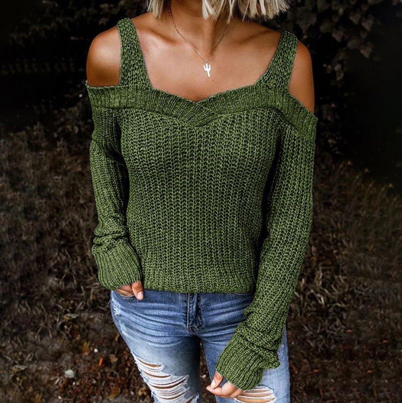 Women's Sling Off Shoulder Knit Solid Color Casual Long Sleeve Sweater