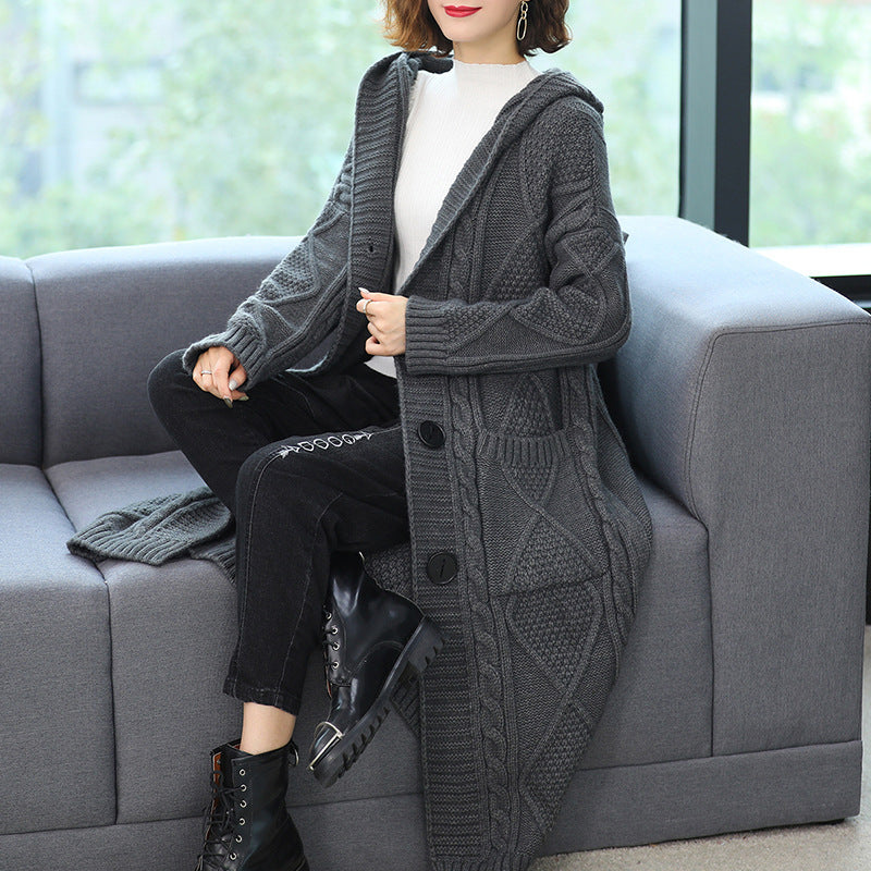 Coat Long Fashion Temperament Coarse Yarn Twist Slim-fit Knitted Cardigan