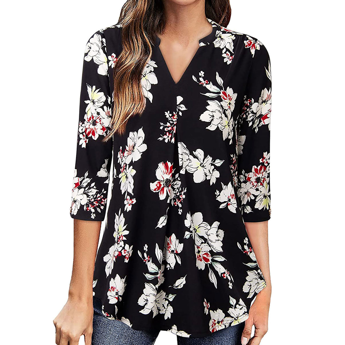 Flowers Print Tops V Neck Long Sleeve Flowers Print Shirt Women Blouse