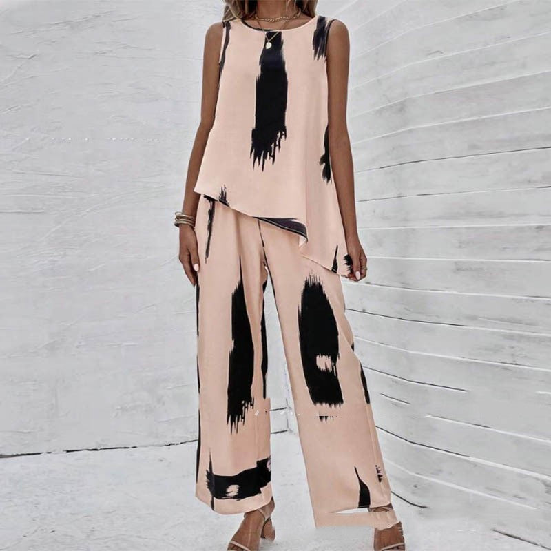 Printed Irregular Top Two-piece Pants Women