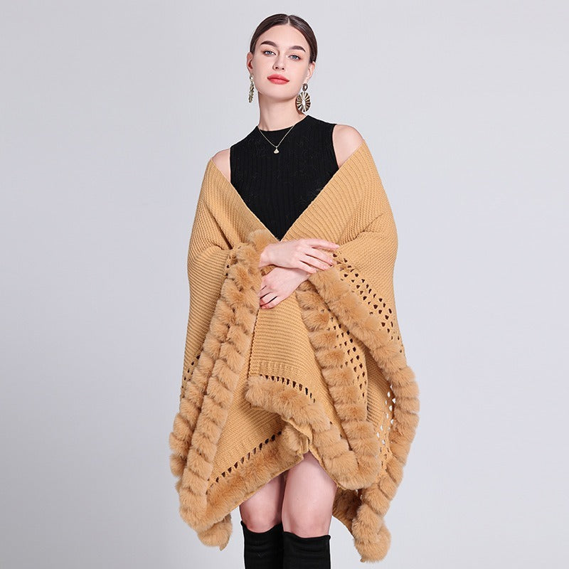 Solid Color Knitted Cape And Shawl Sweater Coat