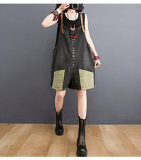 Personality Retro Contrast Color Casual High Waist Slim Denim Overalls