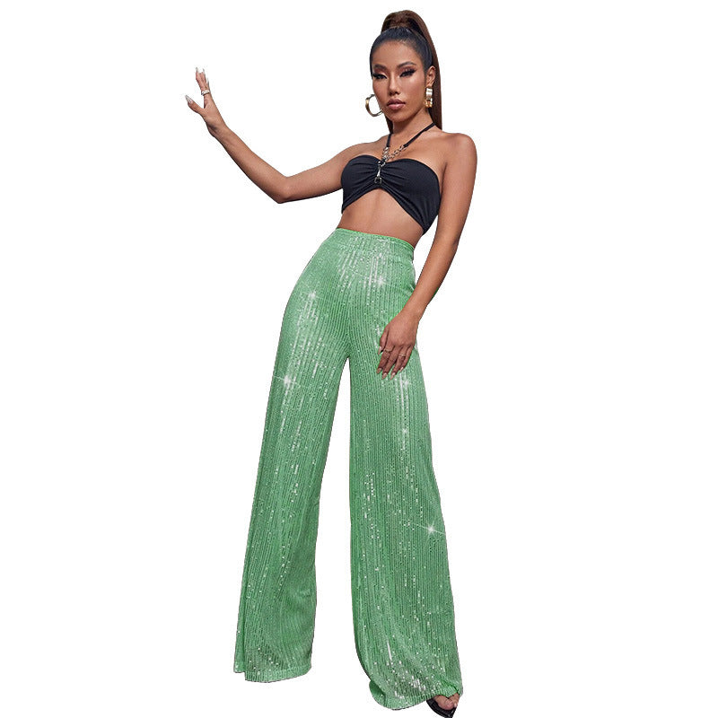 High Waist Casual Pants Sequins Loose-fitting Drape