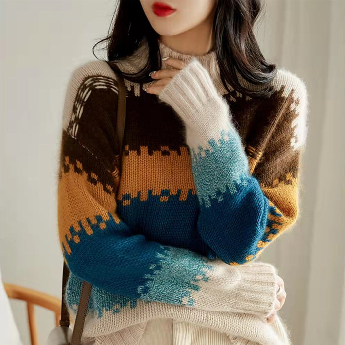 Women's Temperament Fashion Rainbow Striped Half Turtleneck Sweater