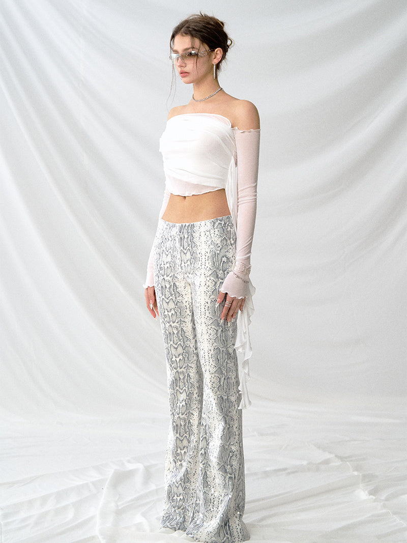 Low Rise Snake Print Sequin Slim Fit Flared Pants