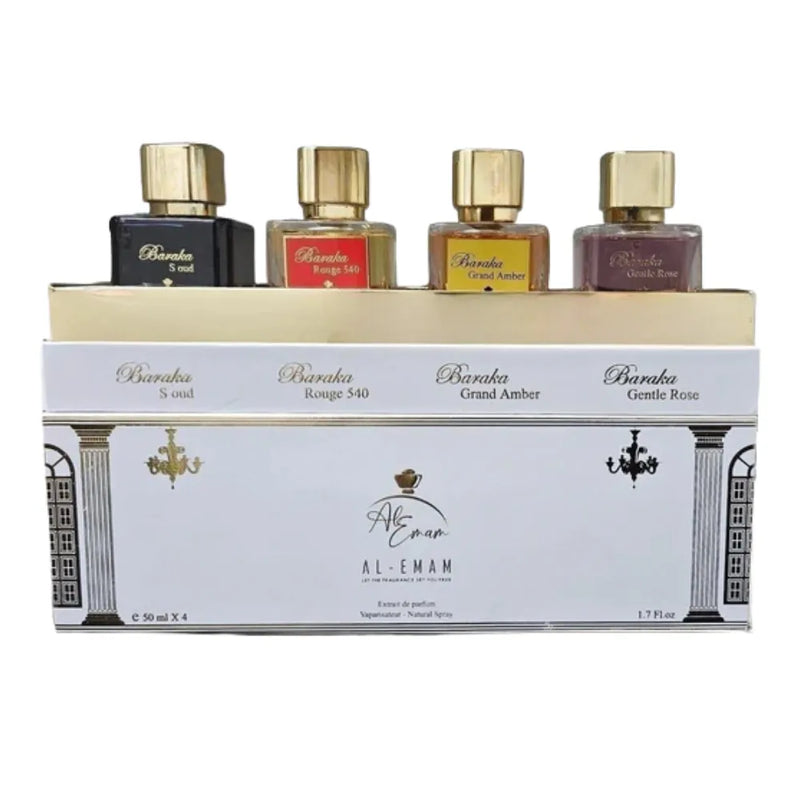 Set of five Baraka perfume bottles with a white box labeled 'Al-Emam' on a white background.