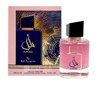 Perfume bottle and packaging of 'Amal' by Ard Al Zaafaran on a white background
