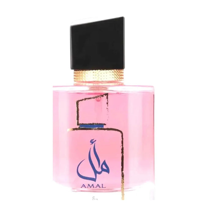 Pink perfume bottle with black cap on a white background