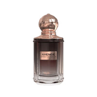 Perfume bottle labeled 'Avenge' with a bronze cap on a white background