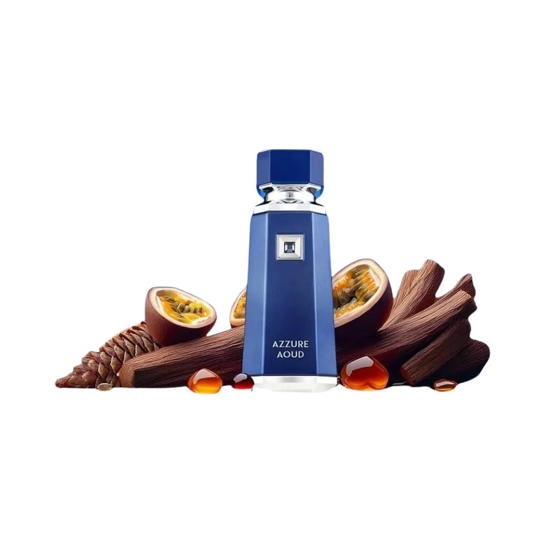 Blue Azzure Aoud perfume bottle with ingredients on a white background