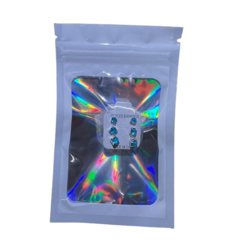 Holographic packaging with a clear window on a white background