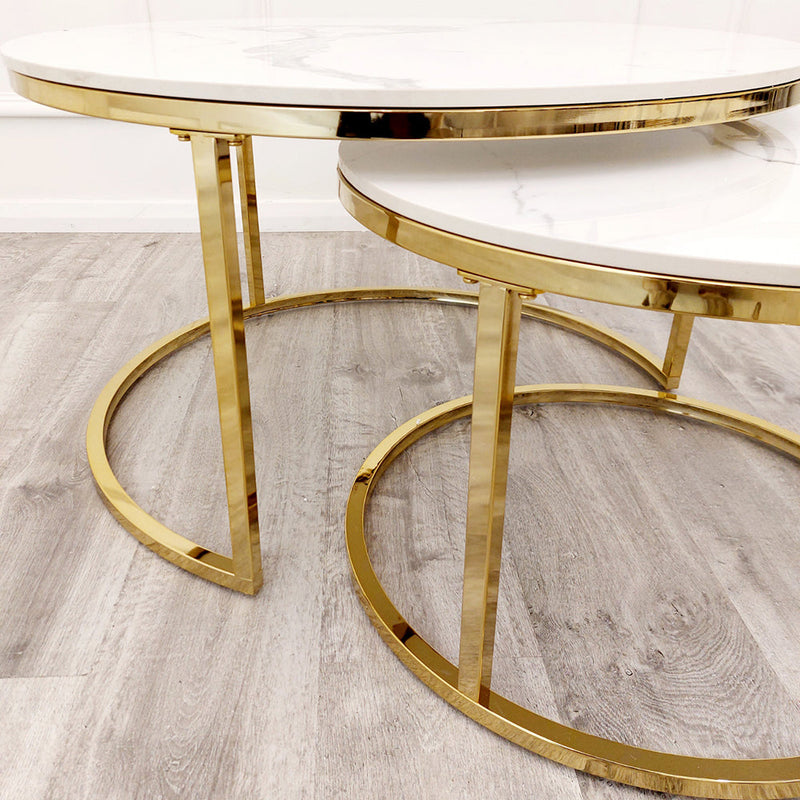 Cato Nest of 2 Short Round Coffee Gold Tables with Polar White Sintered Stone Tops