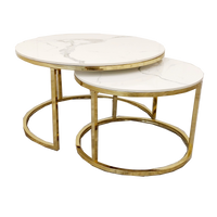 Cato Nest of 2 Short Round Coffee Gold Tables with Polar White Sintered Stone Tops