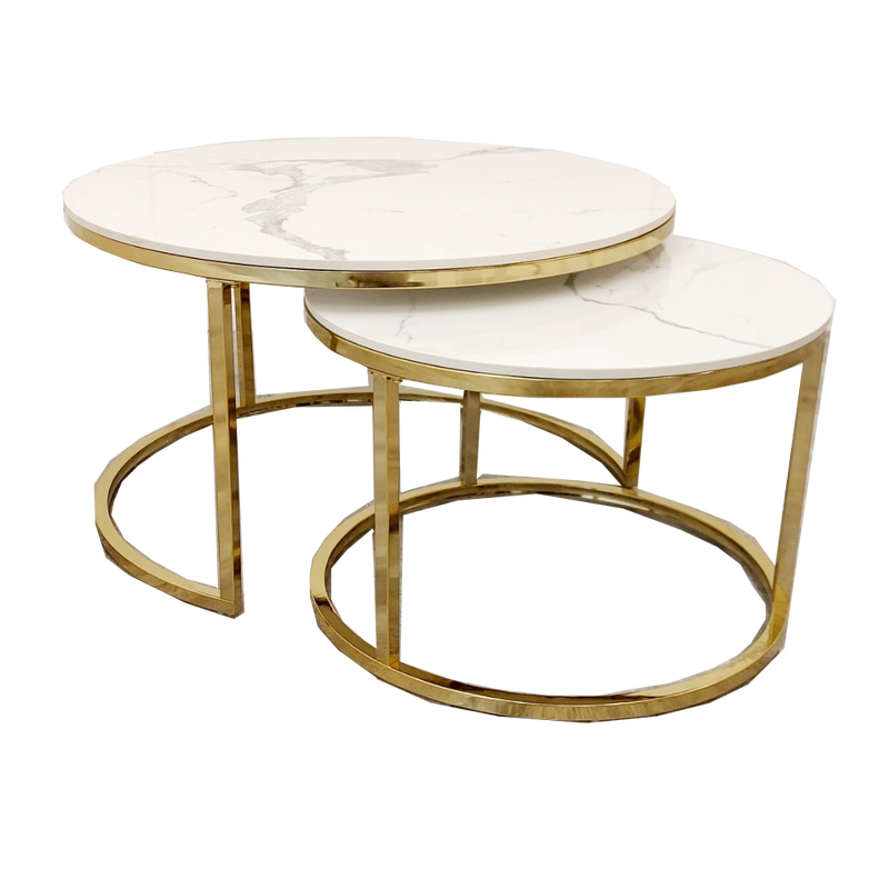 Cato Nest of 2 Short Round Coffee Gold Tables with Polar White Sintered Stone Tops