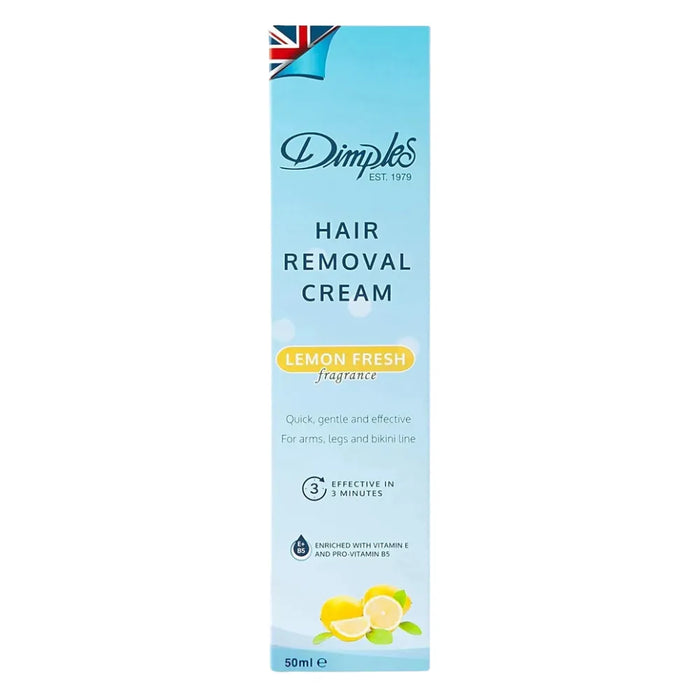Dimples hair removal cream packaging with lemon illustration on a white background