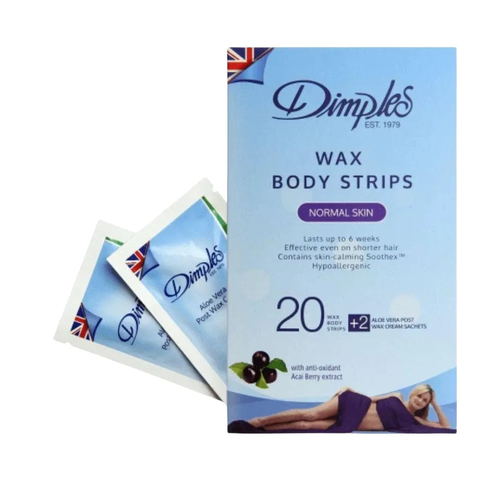 Dimples Wax Body Strips for Normal Skin – 20 Strips + 2 Aloe Vera Post-Wax Cream Sachets 