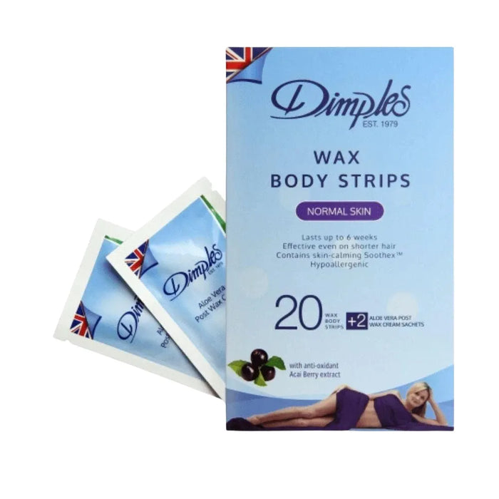 Dimples Wax Body Strips for Normal Skin – 20 Strips + 2 Aloe Vera Post-Wax Cream Sachets 