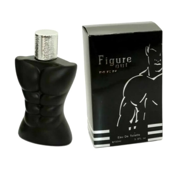 Black perfume bottle and packaging with 'Figure Out' branding on a white background