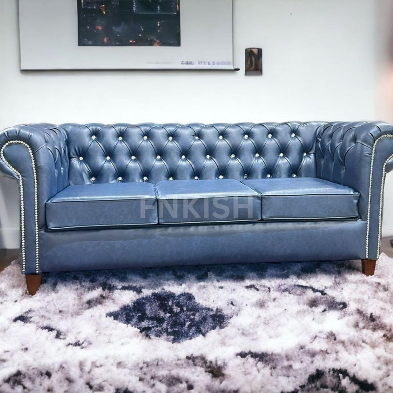 New Round Classic Chesterfield Couch Air Blue Leather 3 Seater 2 Seater Sofas Set
