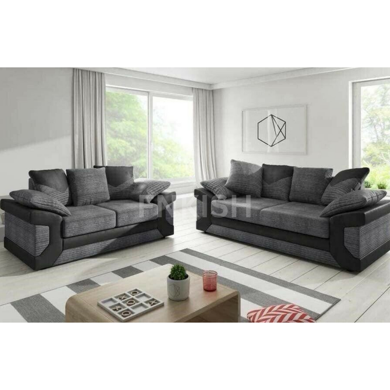 Dino Jumbo Black Grey Fabric/Leather 3+2 Seater Sofa Set