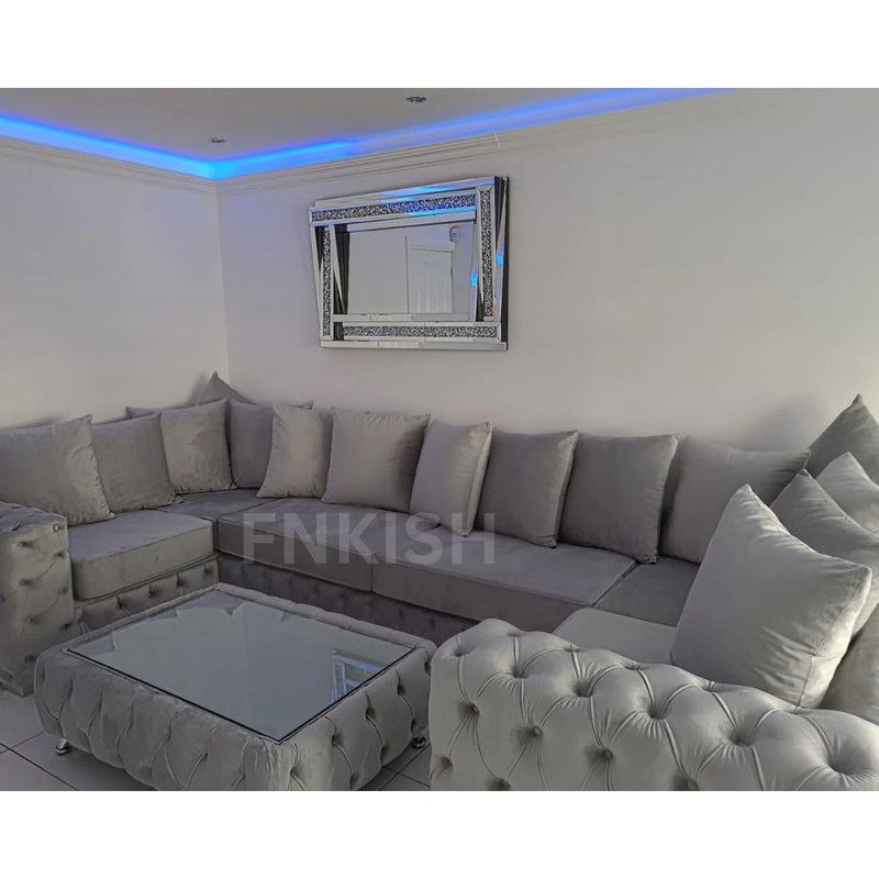 Ashton Fullback 6 Seater Silver Plush Velvet U-Shape Corner Sofa
