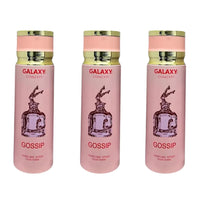Three pink perfume bottles with gold caps labeled 'Galaxy Concept Gossip' on a white background.
