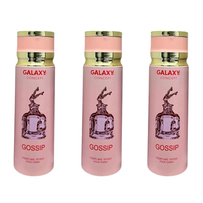 Three pink perfume bottles with gold caps labeled 'Galaxy Concept Gossip' on a white background.
