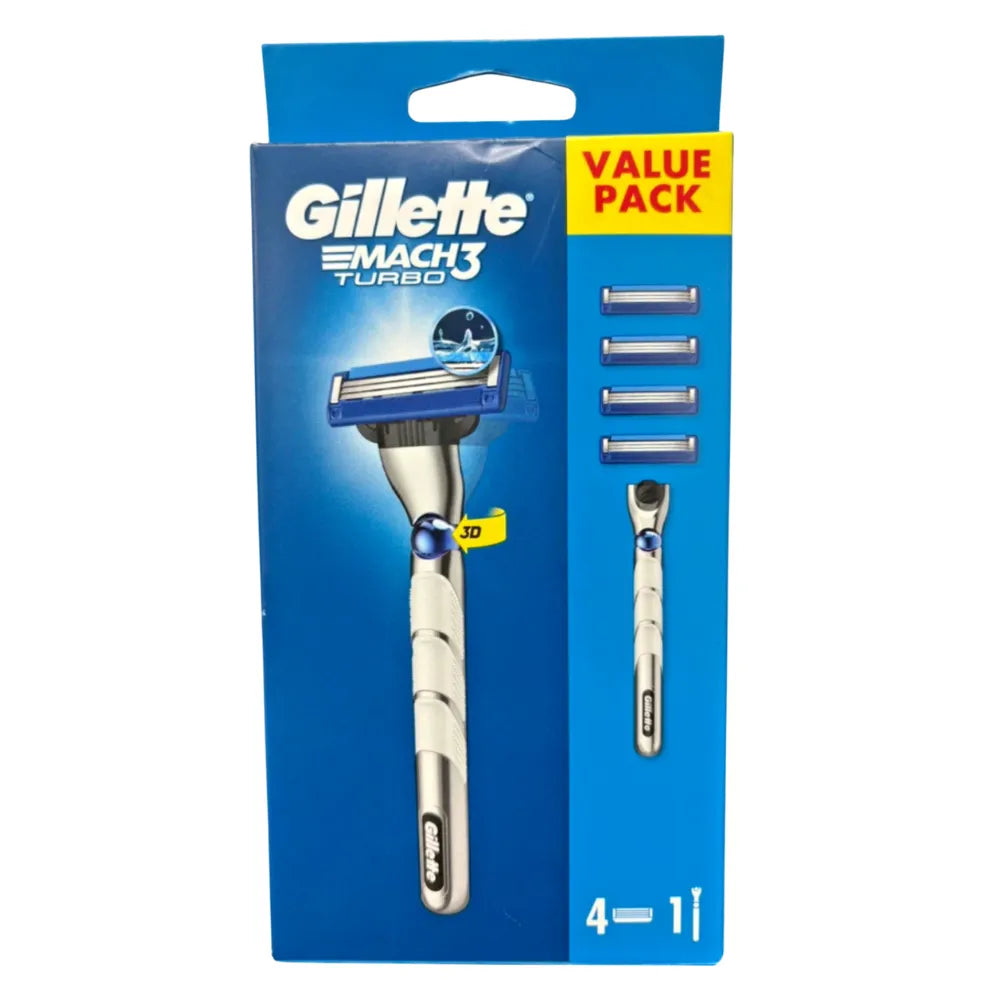 Gillette Mach3 Turbo 3D Razor Handle + 4 Refill Blades - Value Pack - Men’s Razor
