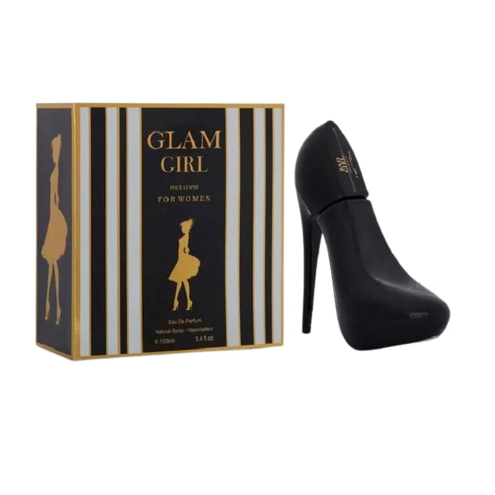 Glam Girl perfume box and black high-heeled shoe on a white background