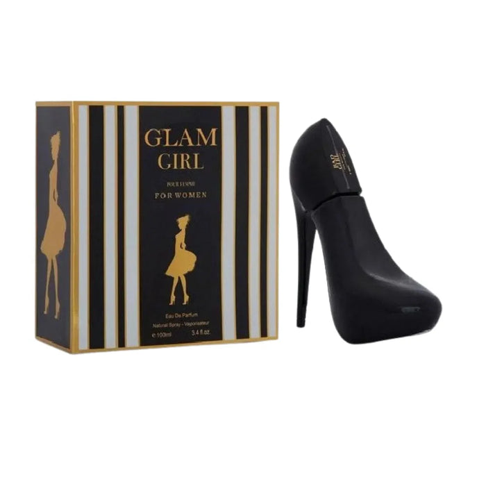 Glam Girl perfume box and black high-heeled shoe on a white background