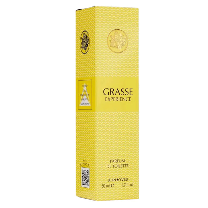 Yellow box of Grasse Experience perfume by Jean Yves on a white background