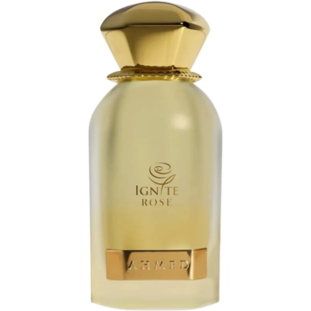 Gold perfume bottle labeled 'Ignite Rose' on a white background