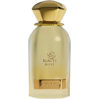 Gold perfume bottle labeled 'Ignite Rose' on a white background