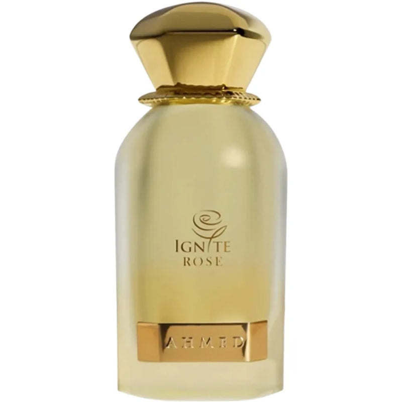 Gold perfume bottle labeled 'Ignite Rose' on a white background